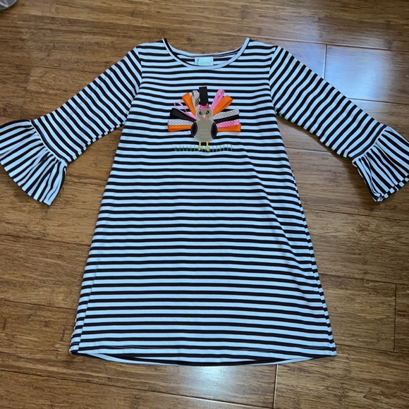 Zuccini brown and white striped girls ribbon detailed turkey dress size 6 EUC - Picture 2 of 7